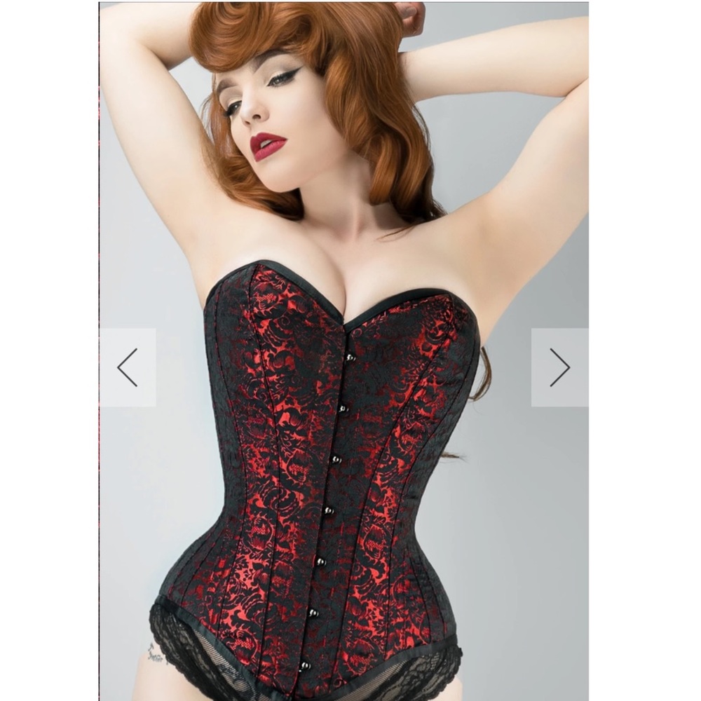 CORSET STORY LONG RED BROCADE PATTERN CORSET WITH HIP GORES- 22" Corset